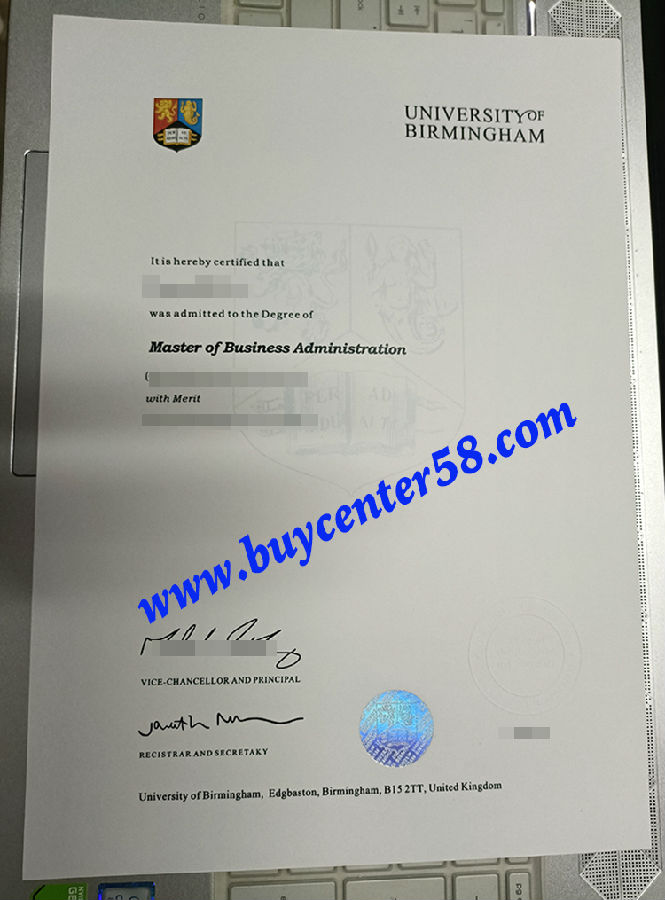 MBA degree from University of Birmingham. University of Birmingham diploma. UoB certificate